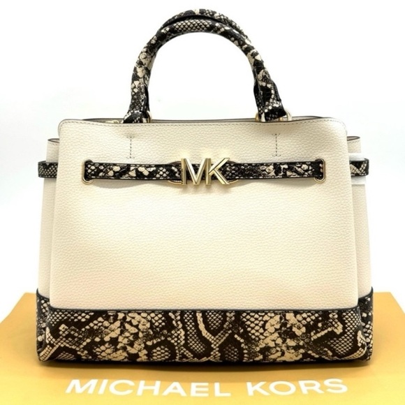 Michael Kors Reed Large Belted Satchel Crossbody Bag Light Cream Snakeskin - Picture 1 of 11